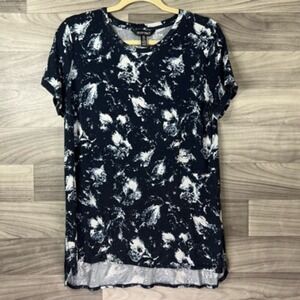 Ellen Tracy Womens Tunic Top Blue‎ White Floral Splash Short Sleeve Scoop NeckM
